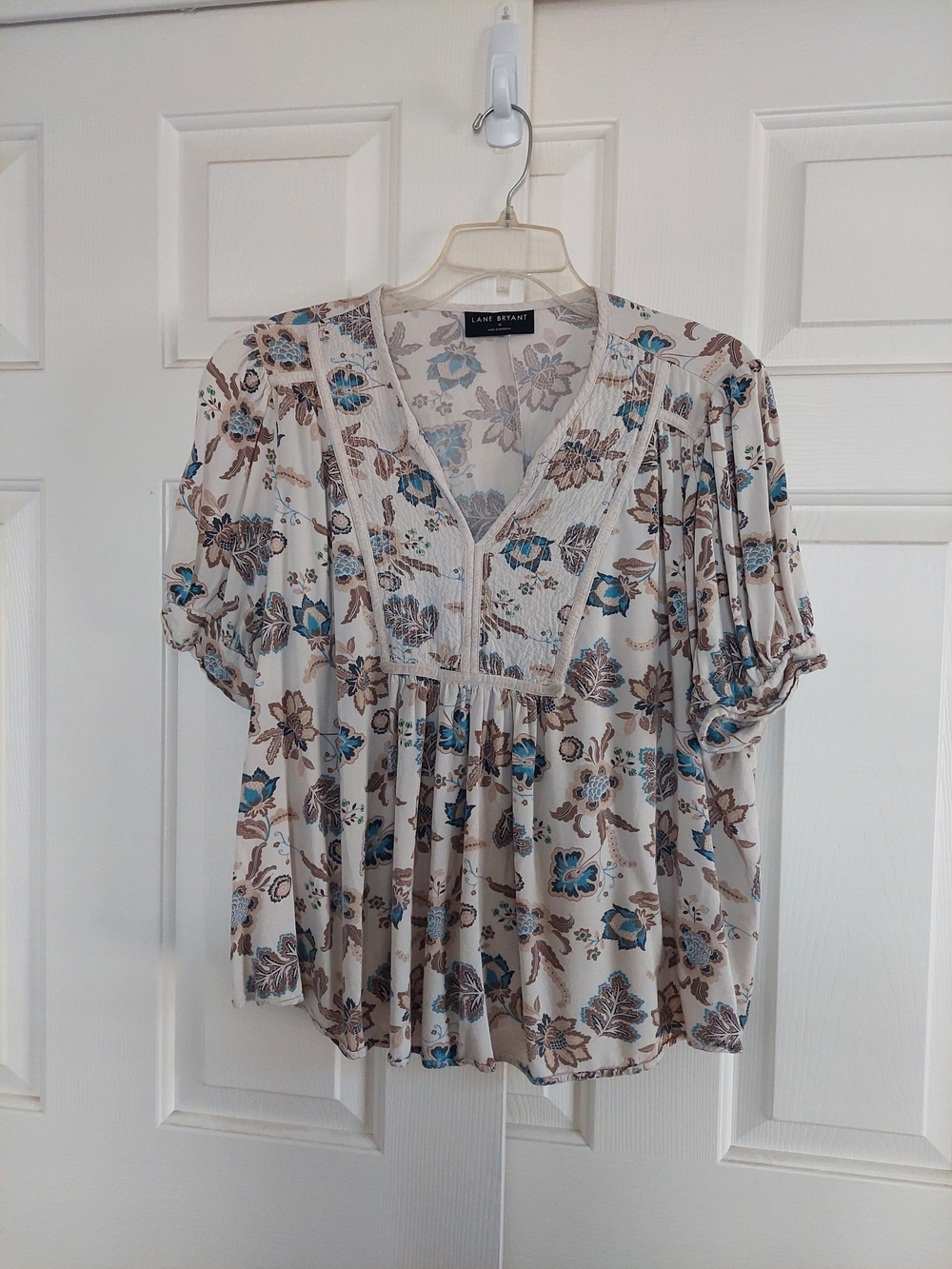 Lane Bryant Cream Floral V-Neck Peasant Blouse with Blue and Brown Print